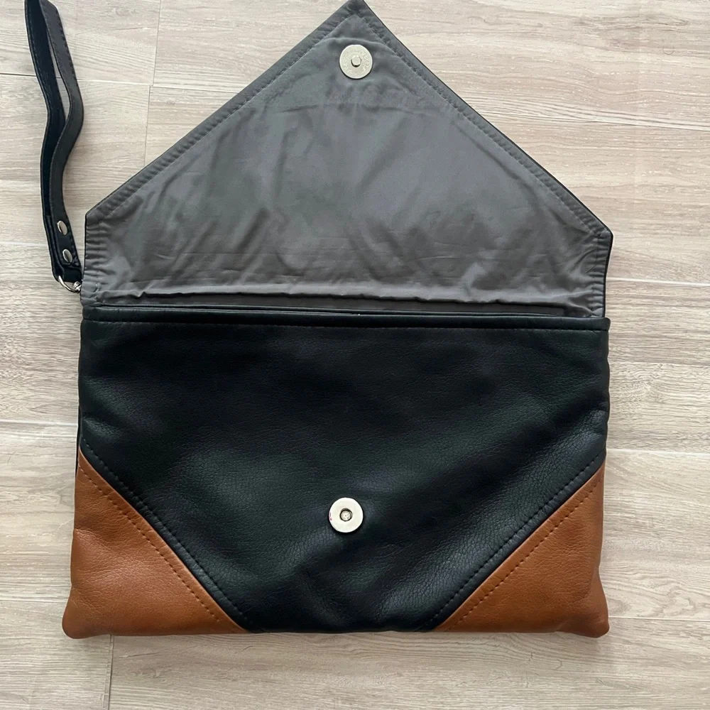 Two-Tone Black and Brown Envelope Vegan Leather Clutch